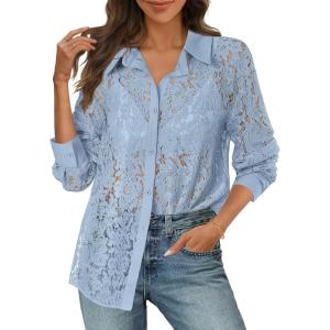 MEROKEETY Women’s Lace Long Sleeve Tops Dressy Casual Blouse Button Down Sheer Elegant Summer Shirts(Greyblue)