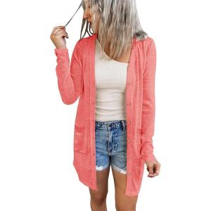 MEROKEETY Women’s Lightweight Cardigan Summer Long Open Front Button Down Trendy Loose Outwear with Pockets(Coralred)