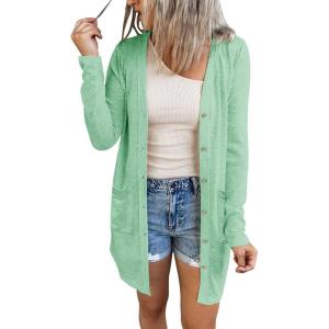 MEROKEETY Women’s Lightweight Cardigan Summer Long Open Front Button Down Trendy Loose Outwear with Pockets(Mint)