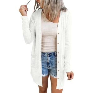 MEROKEETY Women’s Lightweight Cardigan Summer Long Open Front Button Down Trendy Loose Outwear with Pockets(White)