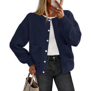 MEROKEETY Women’s Long Sleeve Knit Cardigan Sweaters 2025 Fall Crewneck Button Open Front Jackets with Pockets(Navy)