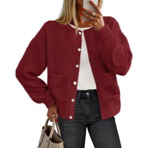 MEROKEETY Women’s Long Sleeve Knit Cardigan Sweaters 2025 Fall Crewneck Button Open Front Jackets with Pockets(Wine)