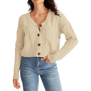 MEROKEETY Women’s Long Sleeve Open Front Cable Knit Crop Cardigans V Neck Button Sweaters with Pockets(Apricot)