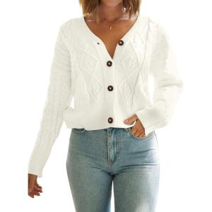 MEROKEETY Women’s Long Sleeve Open Front Cable Knit Crop Cardigans V Neck Button Sweaters with Pockets(Beige)