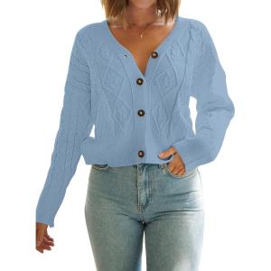 MEROKEETY Women’s Long Sleeve Open Front Cable Knit Crop Cardigans V Neck Button Sweaters with Pockets(Blue)