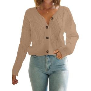 MEROKEETY Women’s Long Sleeve Open Front Cable Knit Crop Cardigans V Neck Button Sweaters with Pockets(Khaki)