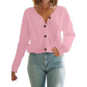 MEROKEETY Women’s Long Sleeve Open Front Cable Knit Crop Cardigans V Neck Button Sweaters with Pockets(Pink)