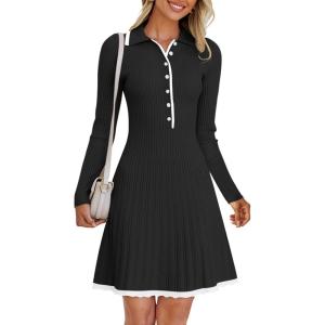 MEROKEETY Women’s Long Sleeve V Neck Sweater Dress 2026 Fall Button Knit Pleated Mini Work Dresses(Black)
