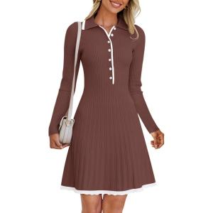 MEROKEETY Women’s Long Sleeve V Neck Sweater Dress 2026 Fall Button Knit Pleated Mini Work Dresses(Coffee)