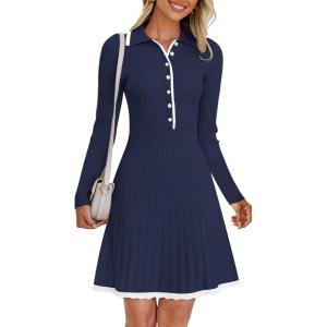 MEROKEETY Women’s Long Sleeve V Neck Sweater Dress 2026 Fall Button Knit Pleated Mini Work Dresses(Navy)