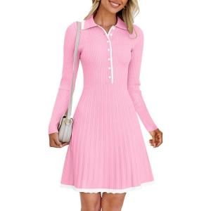 MEROKEETY Women’s Long Sleeve V Neck Sweater Dress 2026 Fall Button Knit Pleated Mini Work Dresses(Pink)