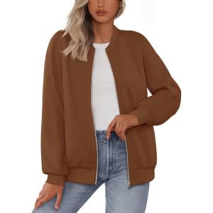 MEROKEETY Womens Long Sleeve Zip Up Sweatshirts Jackets Casual Loose Outwear with Pockets(Brown)
