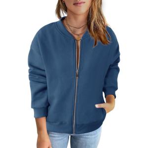 MEROKEETY Womens Long Sleeve Zip Up Sweatshirts Jackets Casual Loose Outwear with Pockets(Darkblue)