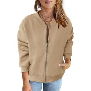 MEROKEETY Womens Long Sleeve Zip Up Sweatshirts Jackets Casual Loose Outwear with Pockets(Khaki)
