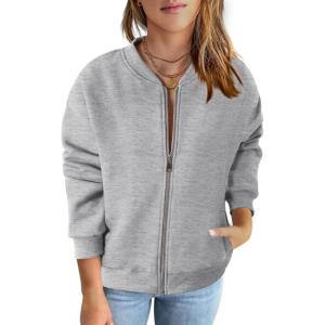 MEROKEETY Womens Long Sleeve Zip Up Sweatshirts Jackets Casual Loose Outwear with Pockets(Lightgrey)