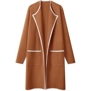 MEROKEETY Women’s Open Front Coatigan Sweater Long Sleeve Casual Knit Lapel Cardigan Coat with Pockets(Block Caramel)