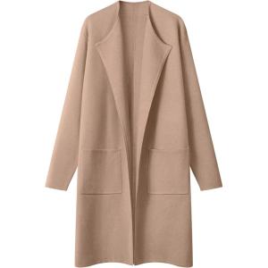 MEROKEETY Women’s Open Front Coatigan Sweater Long Sleeve Casual Knit Lapel Cardigan Coat with Pockets(Khaki)