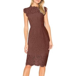 MEROKEETY Women’s Sleeveless Lace Floral Elegant Cocktail Dress Crew Neck Knee Length for Party(Coffee)