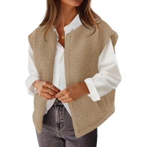 MEROKEETY Women’s Sleeveless Sherpa Lined Vest 2026 Oversized Outerwear with Pockets(Khaki)