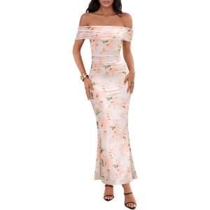 MEROKEETY Women’s Spring Off Shoulder Floral Maxi Dress 2026 Summer Formal Beach Wedding Guest Cocktail Bodycon Dresses(Beige)