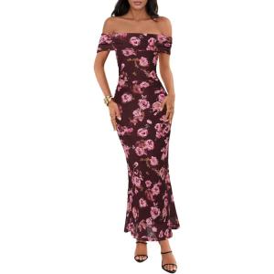 MEROKEETY Women’s Spring Off Shoulder Floral Maxi Dress 2026 Summer Formal Beach Wedding Guest Cocktail Bodycon Dresses(Coffee)