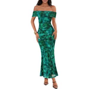 MEROKEETY Women’s Spring Off Shoulder Floral Maxi Dress 2026 Summer Formal Beach Wedding Guest Cocktail Bodycon Dresses(Green)