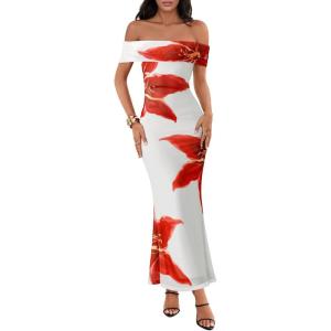 MEROKEETY Women’s Spring Off Shoulder Floral Maxi Dress 2026 Summer Formal Beach Wedding Guest Cocktail Bodycon Dresses(Red)