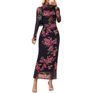 MEROKEETY Women’s Spring Wedding Guest Dress 2026 Long Sleeve Bodycon Floral Mesh Fall Cocktail Holiday Party Maxi Dresses