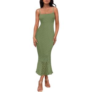 MEROKEETY Women’s Summer Bodycon Spaghetti Strap Dress Square Neck Lace Wedding Guest Cocktail Maxi Dresses(Green)