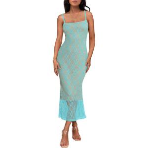 MEROKEETY Women’s Summer Bodycon Spaghetti Strap Dress Square Neck Lace Wedding Guest Cocktail Maxi Dresses(Lake Blue)