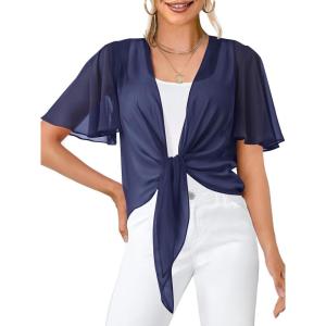 MEROKEETY Women’s Summer Lightweight Sheer Shrugs Tie Front Chiffon Cardigan Cover Up Shawls for Evening Dresses(Navy)