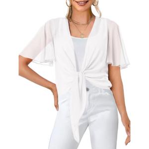 MEROKEETY Women’s Summer Lightweight Sheer Shrugs Tie Front Chiffon Cardigan Cover Up Shawls for Evening Dresses(White)
