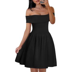 MEROKEETY Women’s Summer Off Shoulder Mini Dresses 2025 Ruffle A Line Cocktail Party Knit Dress(Black)
