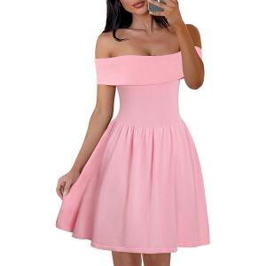 MEROKEETY Women’s Summer Off Shoulder Mini Dresses 2025 Ruffle A Line Cocktail Party Knit Dress(Lightpink)