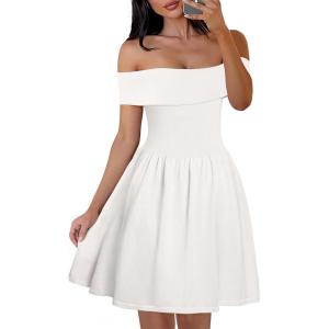 MEROKEETY Women’s Summer Off Shoulder Mini Dresses 2025 Ruffle A Line Cocktail Party Knit Dress(White)