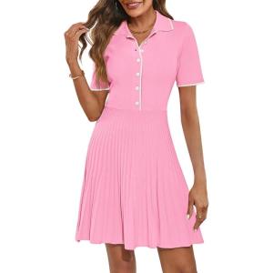 MEROKEETY Women’s Summer Ribbed Knit Midi Dresses Short Sleeve V Neck Button A Line Swing Sweater Dress(Pink)