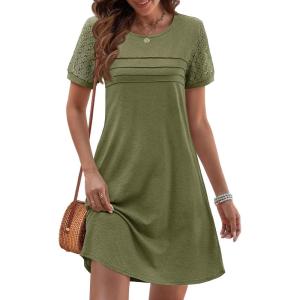 MEROKEETY Women’s Summer Short Lace Sleeve T Shirt Dress Casual Crew Neck Pleated Front Shift Dresses(Army Green)