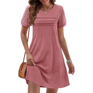 MEROKEETY Women’s Summer Short Lace Sleeve T Shirt Dress Casual Crew Neck Pleated Front Shift Dresses(Pink)