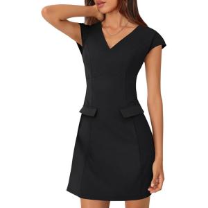 MEROKEETY Women’s V Neck Work Business Dresses Elegant Formal Office Cap Sleeve Casual Mini Dress(Black)