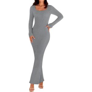 MEROKEETY Women’s Winter Spring Long Sleeve Bodycon Sweater Dress 2026 Fall Square Neck Ribbed Knit Party Maxi Dresses(Heather Grey)