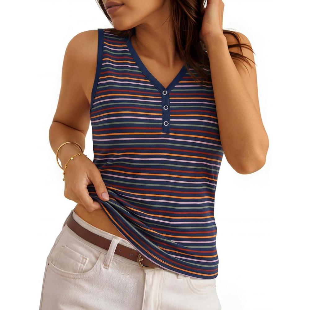 imageMEROKEETY Womens Summer Tank Tops 2026 Striped V Neck Sleeveless Casual Henley Shirts Colourful Button Cami TeeNavy