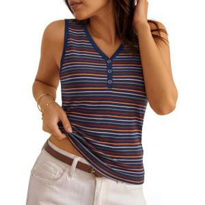 MEROKEETY Women’s Summer Tank Tops 2026 Striped V Neck Sleeveless Casual Henley Shirts Colourful Button Cami Tee(Navy)