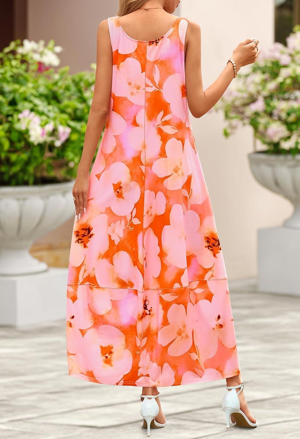 imageMEROKEETY Womens Boho Maxi Sundress 2026 Summer Beach Dress Scoop Neck Sleeveless Loose Tank DressFloralorange