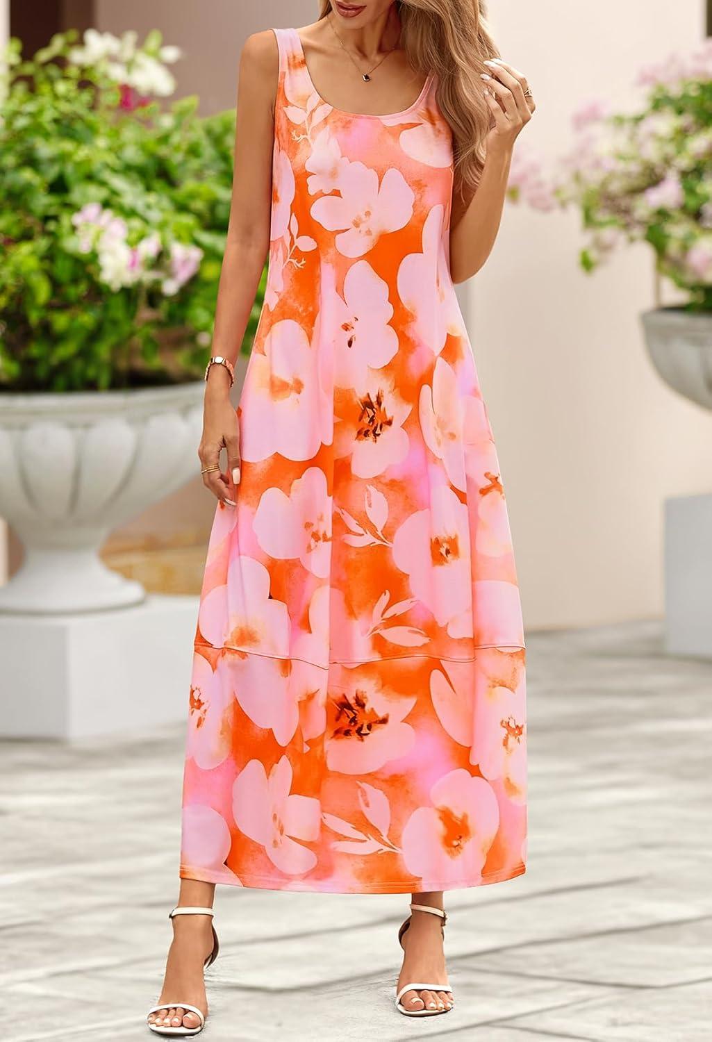 imageMEROKEETY Womens Boho Maxi Sundress 2026 Summer Beach Dress Scoop Neck Sleeveless Loose Tank DressFloralorange