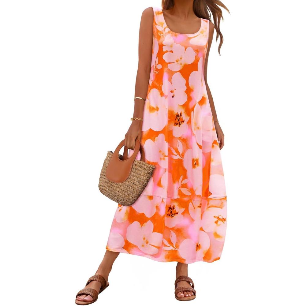 imageMEROKEETY Womens Boho Maxi Sundress 2026 Summer Beach Dress Scoop Neck Sleeveless Loose Tank DressFloralorange
