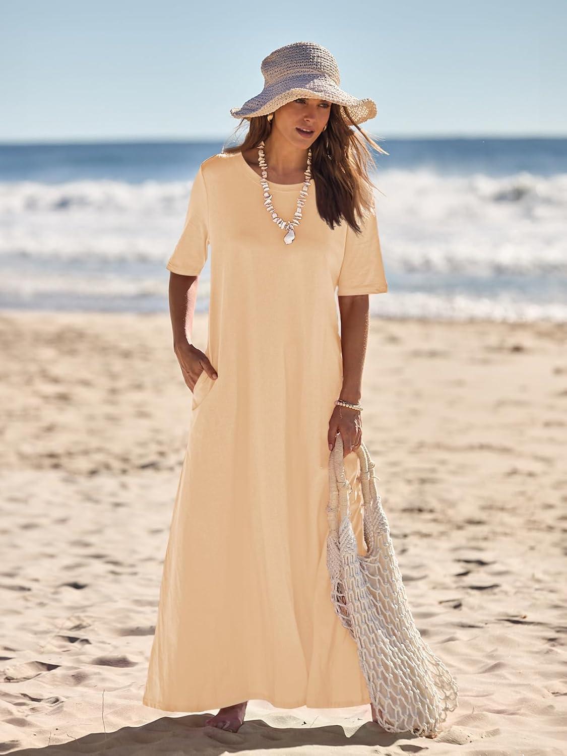 imageMEROKEETY Summer Spring Maxi Dresses for Women 2026 Beach Vacation Casual Short Sleeve Long T Shirt Dress with PocketsApricot