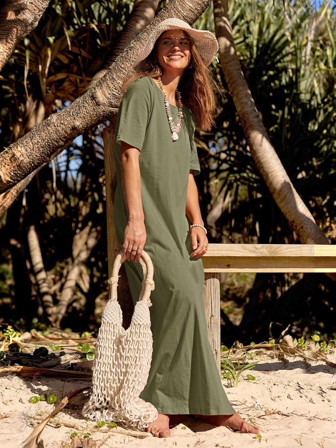 imageMEROKEETY Summer Spring Maxi Dresses for Women 2026 Beach Vacation Casual Short Sleeve Long T Shirt Dress with PocketsArmygreen