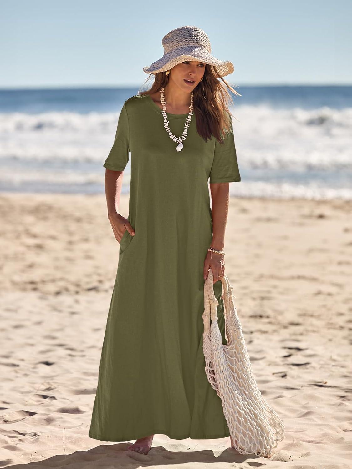 imageMEROKEETY Summer Spring Maxi Dresses for Women 2026 Beach Vacation Casual Short Sleeve Long T Shirt Dress with PocketsArmygreen
