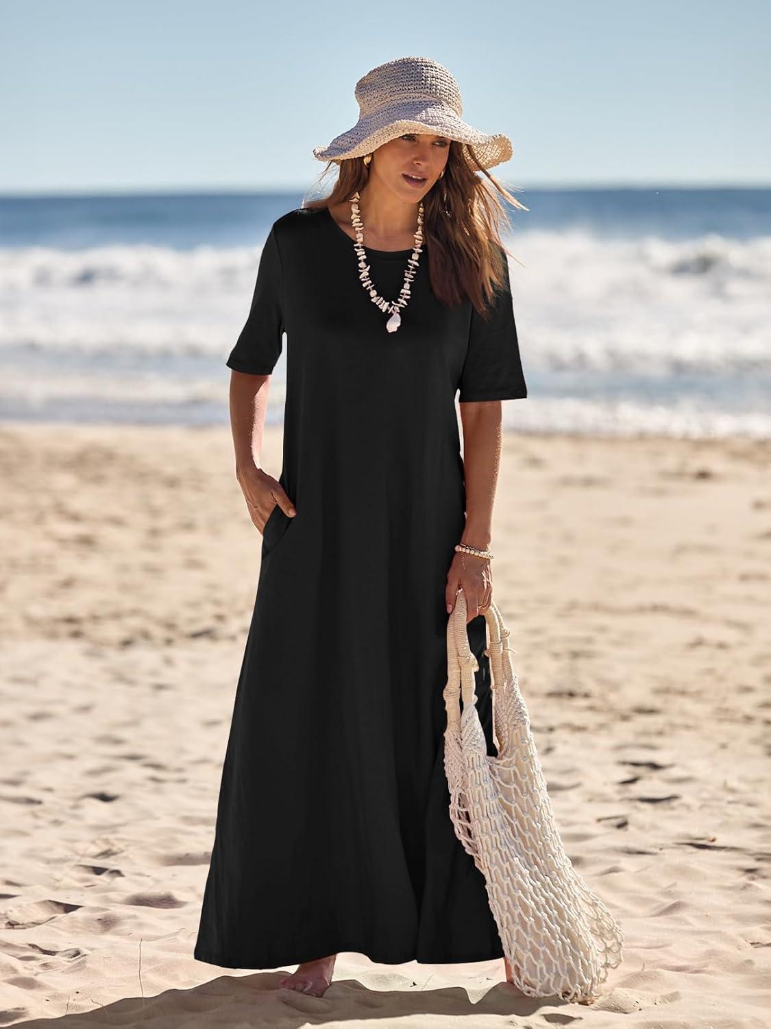 imageMEROKEETY Summer Spring Maxi Dresses for Women 2026 Beach Vacation Casual Short Sleeve Long T Shirt Dress with PocketsBlack
