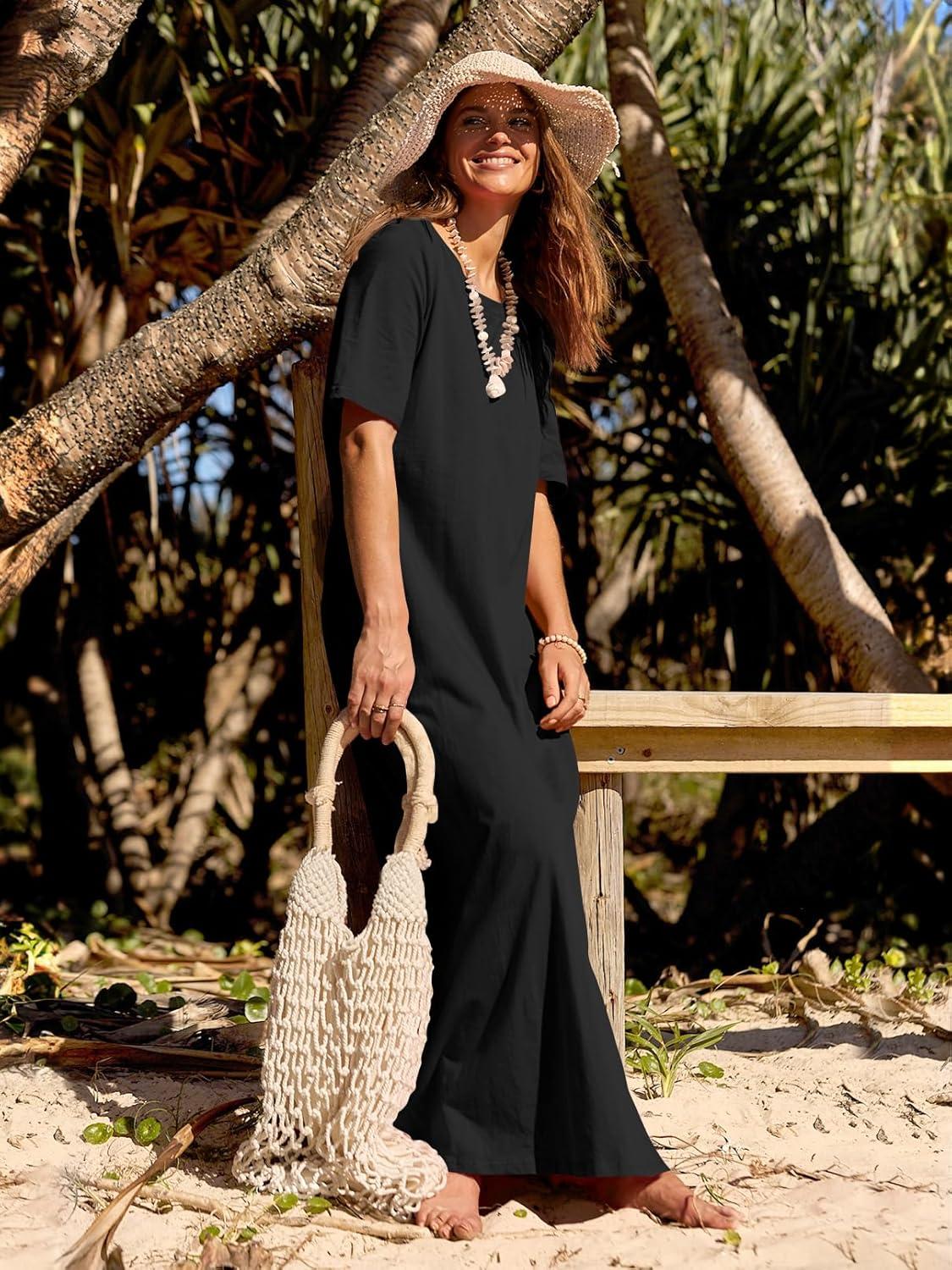 imageMEROKEETY Summer Spring Maxi Dresses for Women 2026 Beach Vacation Casual Short Sleeve Long T Shirt Dress with PocketsBlack